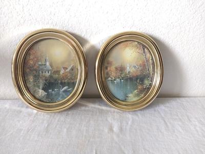 Two Oval Scenery Pictures & Black Candle Holder of Six