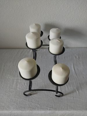 Two Oval Scenery Pictures & Black Candle Holder of Six