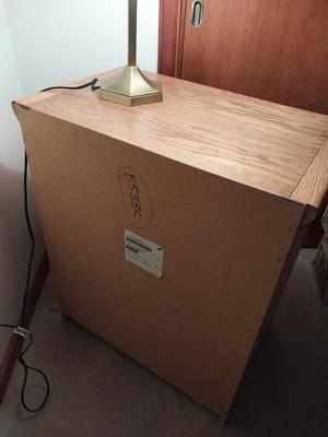Three Drawer Oak Nightstand with Hidden Compartment & Table Lamp