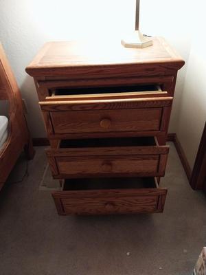 Three Drawer Oak Nightstand with Hidden Compartment & Table Lamp
