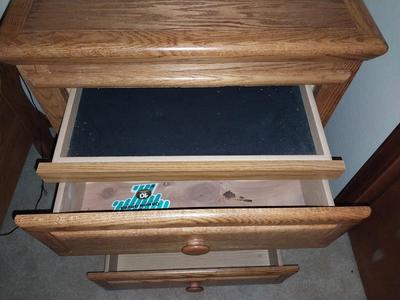 Three Drawer Oak Nightstand with Hidden Compartment & Table Lamp