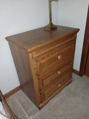 Three Drawer Oak Nightstand with Hidden Compartment & Table Lamp