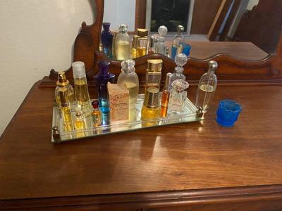 PERFUME BOTTLES ON VINTAGE MIRRORED TRAY