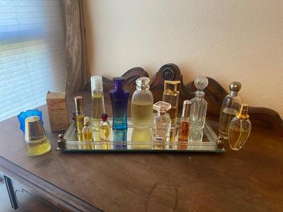 PERFUME BOTTLES ON VINTAGE MIRRORED TRAY