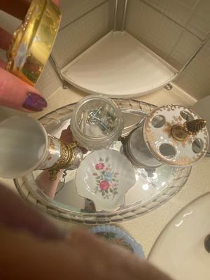 4 TIER SHELF, TOOTHBRUSH HOLDER WITH CUP, READING GLASSES AND MORE!
