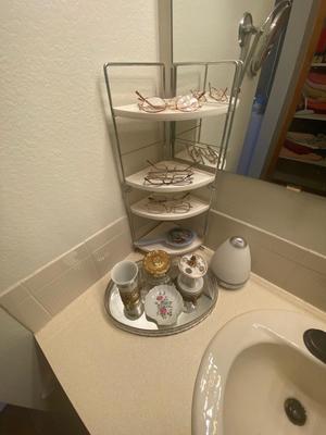 4 TIER SHELF, TOOTHBRUSH HOLDER WITH CUP, READING GLASSES AND MORE!