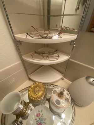 4 TIER SHELF, TOOTHBRUSH HOLDER WITH CUP, READING GLASSES AND MORE!