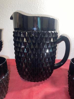 BLACK ONYX DIAMOND POINT TIARA GLASS PITCHER AND DRINK WARE