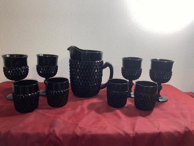 BLACK ONYX DIAMOND POINT TIARA GLASS PITCHER AND DRINK WARE