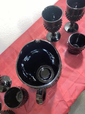 BLACK ONYX DIAMOND POINT TIARA GLASS PITCHER AND DRINK WARE