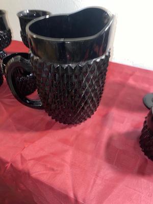 BLACK ONYX DIAMOND POINT TIARA GLASS PITCHER AND DRINK WARE