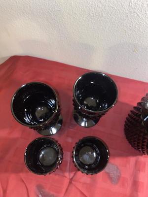 BLACK ONYX DIAMOND POINT TIARA GLASS PITCHER AND DRINK WARE