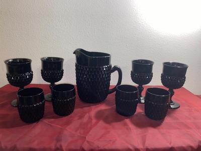 BLACK ONYX DIAMOND POINT TIARA GLASS PITCHER AND DRINK WARE