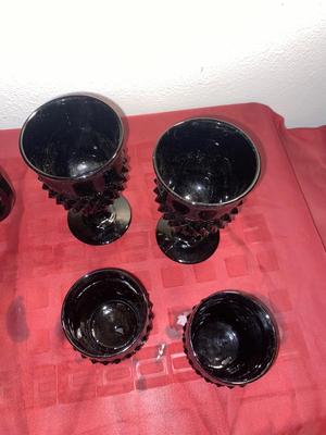 BLACK ONYX DIAMOND POINT TIARA GLASS PITCHER AND DRINK WARE