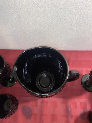 BLACK ONYX DIAMOND POINT TIARA GLASS PITCHER AND DRINK WARE