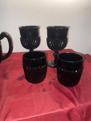 BLACK ONYX DIAMOND POINT TIARA GLASS PITCHER AND DRINK WARE
