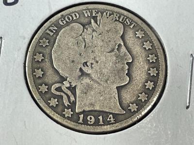 1914-S CIRCULATED CONDITION BARBER SILVER HALF DOLLAR AS PICTURED. FREE DOMESTIC SHIPPING.