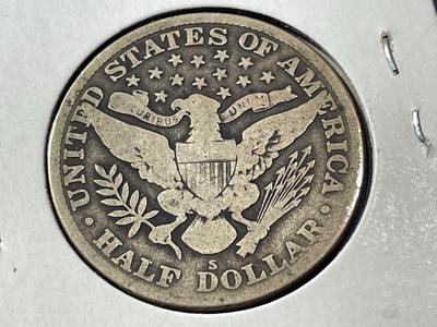 1914-S CIRCULATED CONDITION BARBER SILVER HALF DOLLAR AS PICTURED. FREE DOMESTIC SHIPPING.