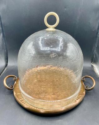 Glass Cake Dome On Metal Platter 12” Wide