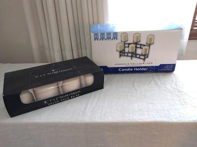NIB Black Mantle Candle Holder & Box of Piller Candles