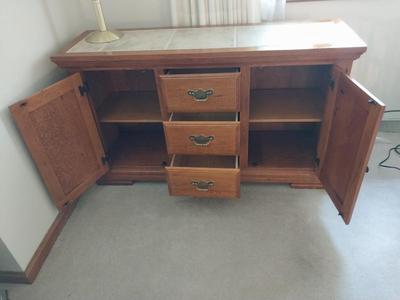 Marble Top Three Drawer and shelving Cabinet with Brass Lamp
