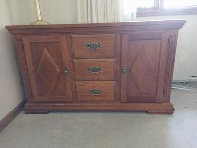 Marble Top Three Drawer and shelving Cabinet with Brass Lamp