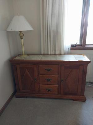 Marble Top Three Drawer and shelving Cabinet with Brass Lamp