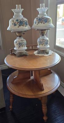 Vintage table and 2 Hurricane lamps