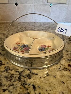 Japanese pottery ceramic 3 section dish-pewter holder