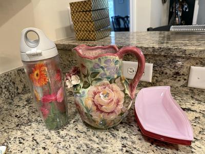 Floral pitcher, water bottle and two trays