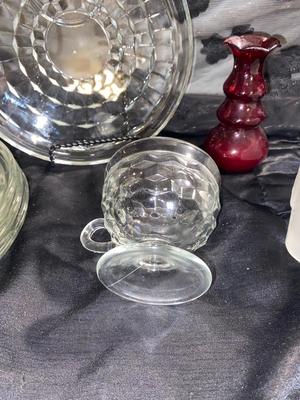 SET OF 4 TIARA GLASS HOSTESS SNACK PLATES WITH CUP, FROSTED CANDY DISH AND RUBY VASE