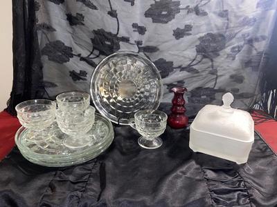 SET OF 4 TIARA GLASS HOSTESS SNACK PLATES WITH CUP, FROSTED CANDY DISH AND RUBY VASE