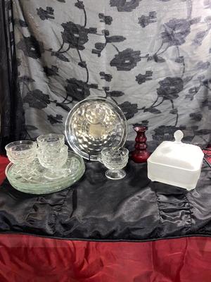 SET OF 4 TIARA GLASS HOSTESS SNACK PLATES WITH CUP, FROSTED CANDY DISH AND RUBY VASE