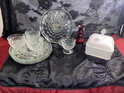 SET OF 4 TIARA GLASS HOSTESS SNACK PLATES WITH CUP, FROSTED CANDY DISH AND RUBY VASE