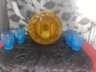 VINTAGE INDIANA TIARA GLASS PLATTER AND BLUE HOBNAIL GOBLETS