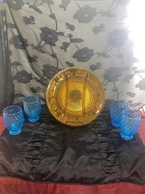 VINTAGE INDIANA TIARA GLASS PLATTER AND BLUE HOBNAIL GOBLETS