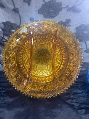 VINTAGE INDIANA TIARA GLASS PLATTER AND BLUE HOBNAIL GOBLETS