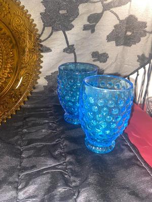 VINTAGE INDIANA TIARA GLASS PLATTER AND BLUE HOBNAIL GOBLETS
