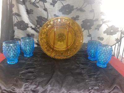 VINTAGE INDIANA TIARA GLASS PLATTER AND BLUE HOBNAIL GOBLETS