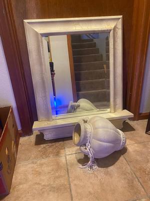 CREAM COLORED ANTIQUED MIRROR AND POT