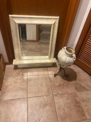 CREAM COLORED ANTIQUED MIRROR AND POT