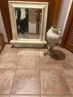 CREAM COLORED ANTIQUED MIRROR AND POT