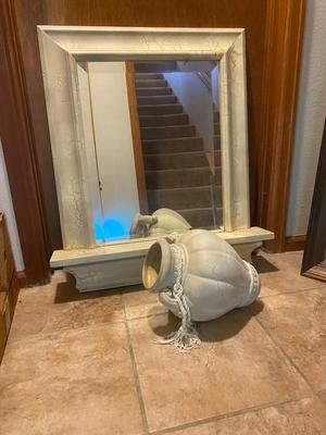 CREAM COLORED ANTIQUED MIRROR AND POT