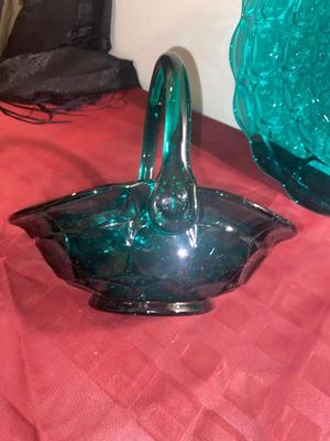 BEAUTIFUL TEAL GLASS BASKET AND CAKE PLATTER