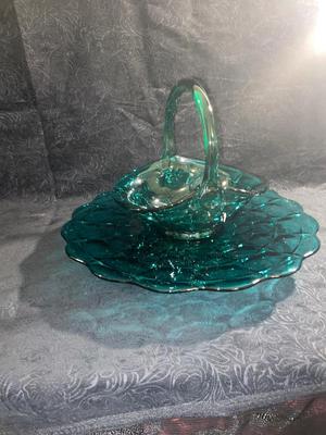 BEAUTIFUL TEAL GLASS BASKET AND CAKE PLATTER