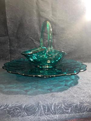BEAUTIFUL TEAL GLASS BASKET AND CAKE PLATTER