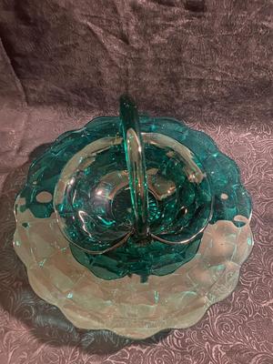 BEAUTIFUL TEAL GLASS BASKET AND CAKE PLATTER