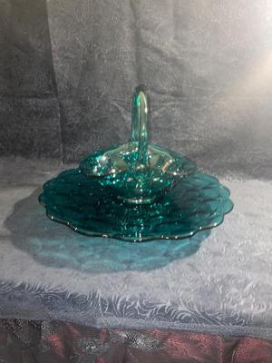 BEAUTIFUL TEAL GLASS BASKET AND CAKE PLATTER