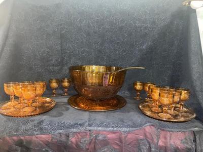 GORGEOUS VINTAGE TIARA AMBER PUNCH BOWL SET