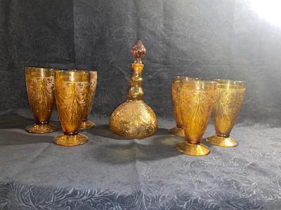AMBER COLORED DECANTER AND GOBLETS